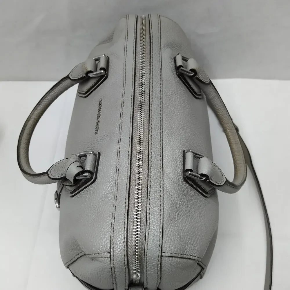 Michael Kors Mercer Gray Pebbled Leather Double Handles Zipper Satchel Bag